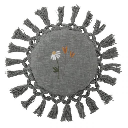 Cojín redondo gris con borlas